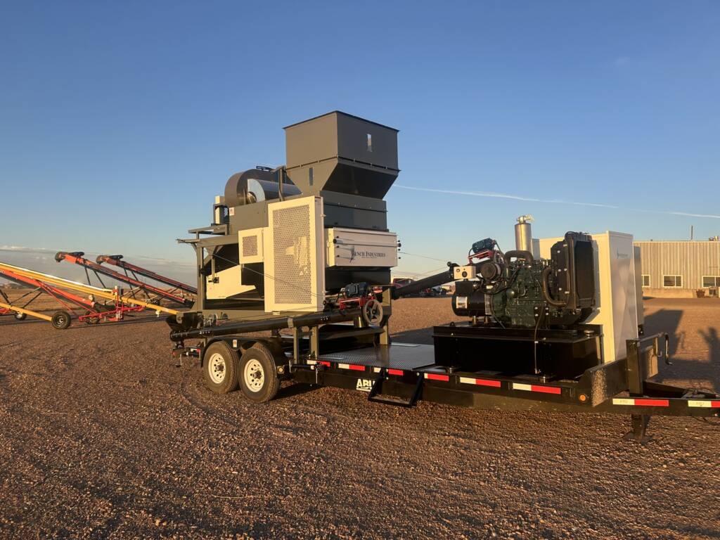 Compact mobile seed cleaner folded and ready for transport